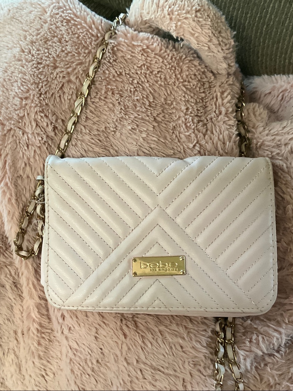 bebe light pink Quilted Crossbody with Gold Chain